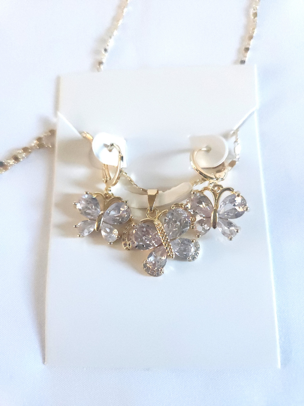 Gold Plated Butterfly Crystal Necklace and Earrings Set - White Crystal